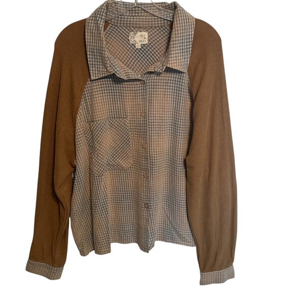 Waffle Sleeve Plaid Button-Up Top in Tan and Light Blue - Picture 2 of 11